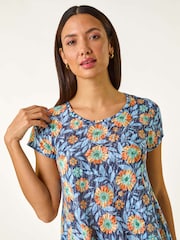 Roman Blue Floral Burnout Print Tunic Top - Image 4 of 5