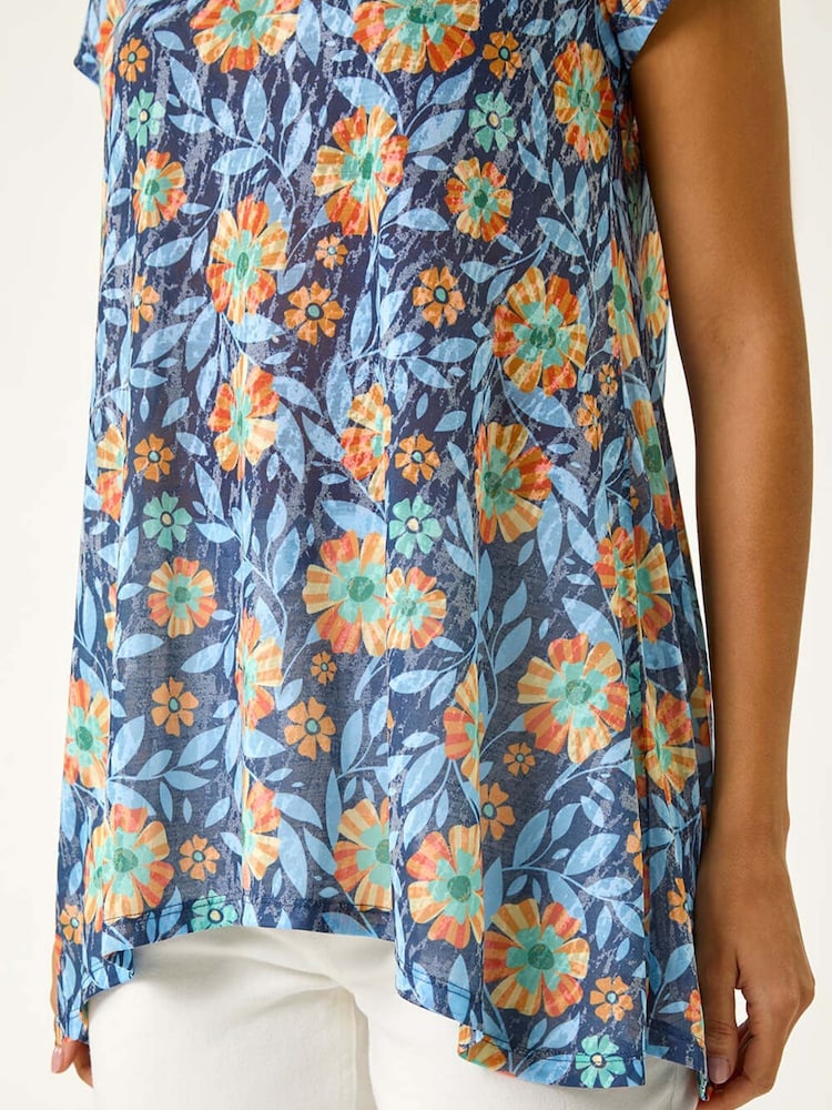 Roman Blue Floral Burnout Print Tunic Top - Image 5 of 5