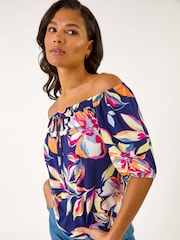 Roman Blue Floral Print Bardot Stretch Top - Image 1 of 5