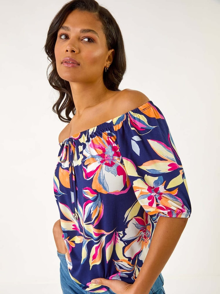 Roman Blue Floral Print Bardot Stretch Top - Image 1 of 5