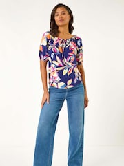 Roman Blue Floral Print Bardot Stretch Top - Image 2 of 5