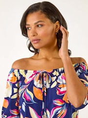 Roman Blue Floral Print Bardot Stretch Top - Image 4 of 5