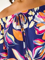 Roman Blue Floral Print Bardot Stretch Top - Image 5 of 5