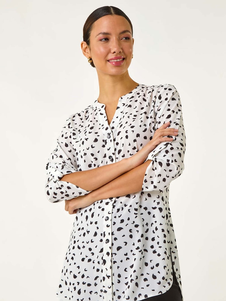 Roman White Spot Print V-Neck Button Blouse - Image 1 of 5
