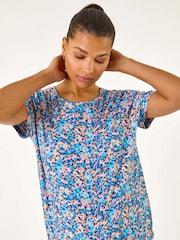 Roman Blue 100% Cotton Floral Print Tie Hem Top - Image 1 of 5