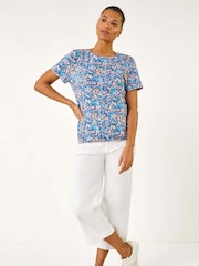 Roman Blue 100% Cotton Floral Print Tie Hem Top - Image 2 of 5