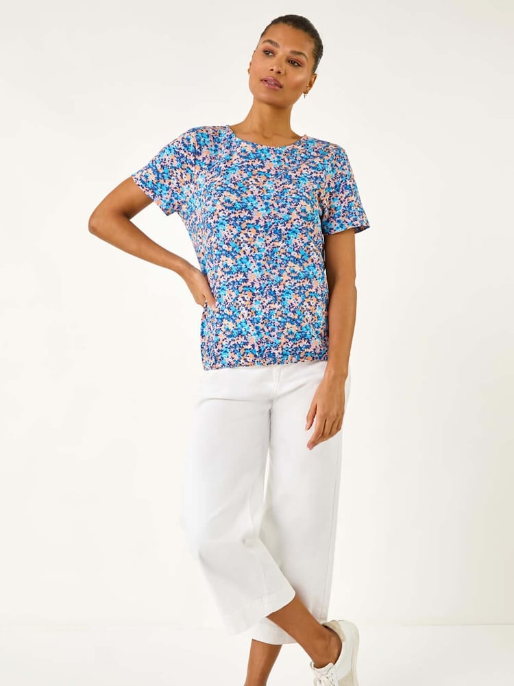 Roman Blue 100% Cotton Floral Print Tie Hem Top - Image 2 of 5