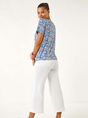 Roman Blue 100% Cotton Floral Print Tie Hem Top - Image 3 of 5