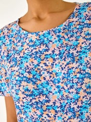 Roman Blue 100% Cotton Floral Print Tie Hem Top - Image 5 of 5