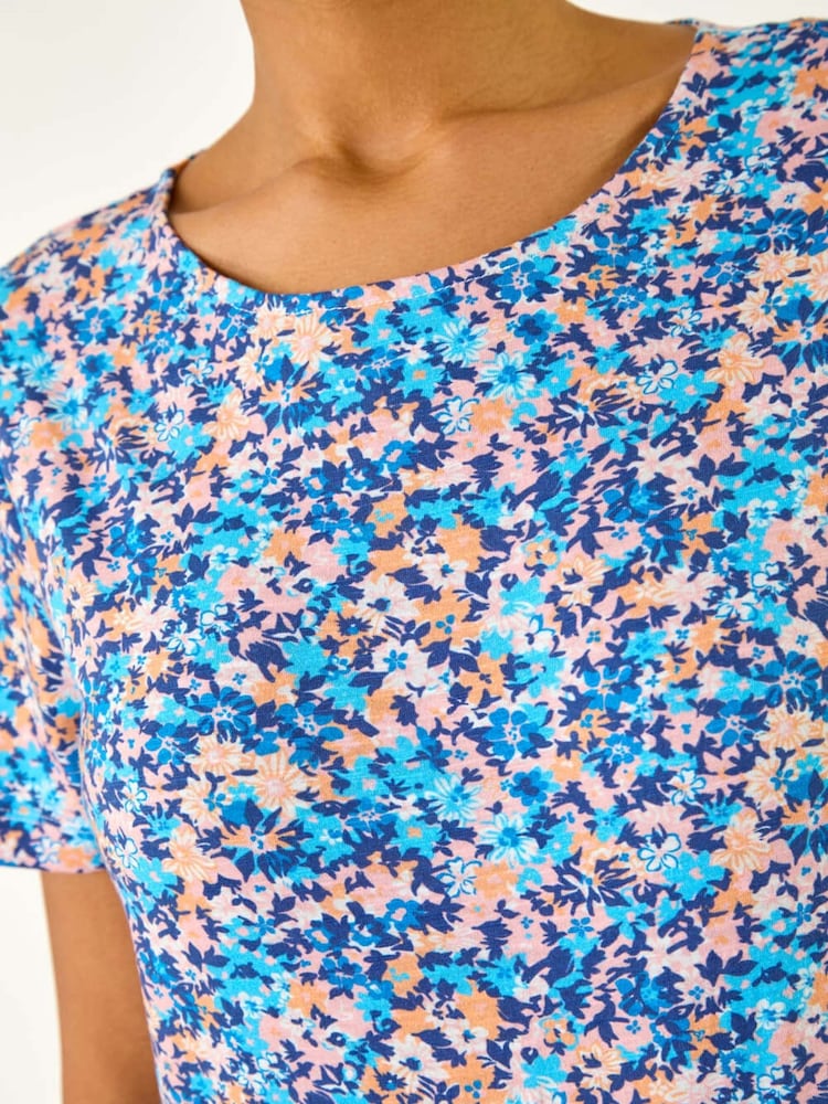 Roman Blue 100% Cotton Floral Print Tie Hem Top - Image 5 of 5