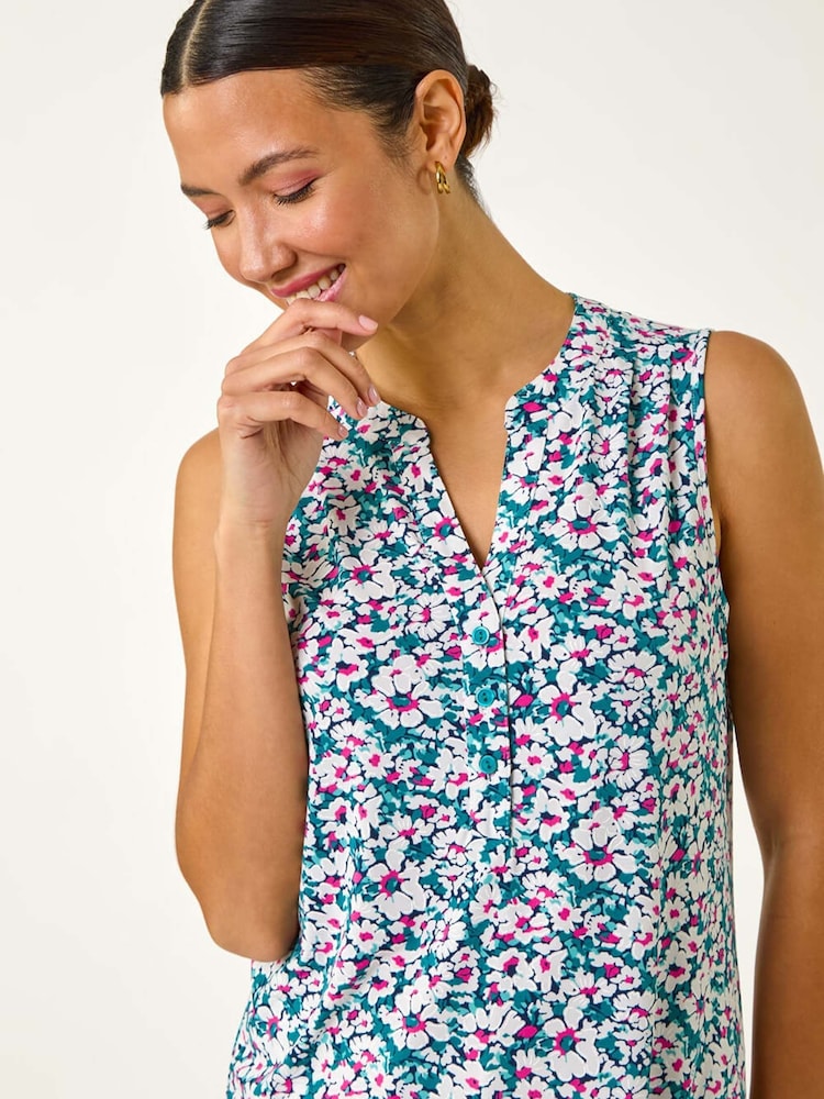 Roman Pink Textured Floral Print Vest Top - Image 4 of 5