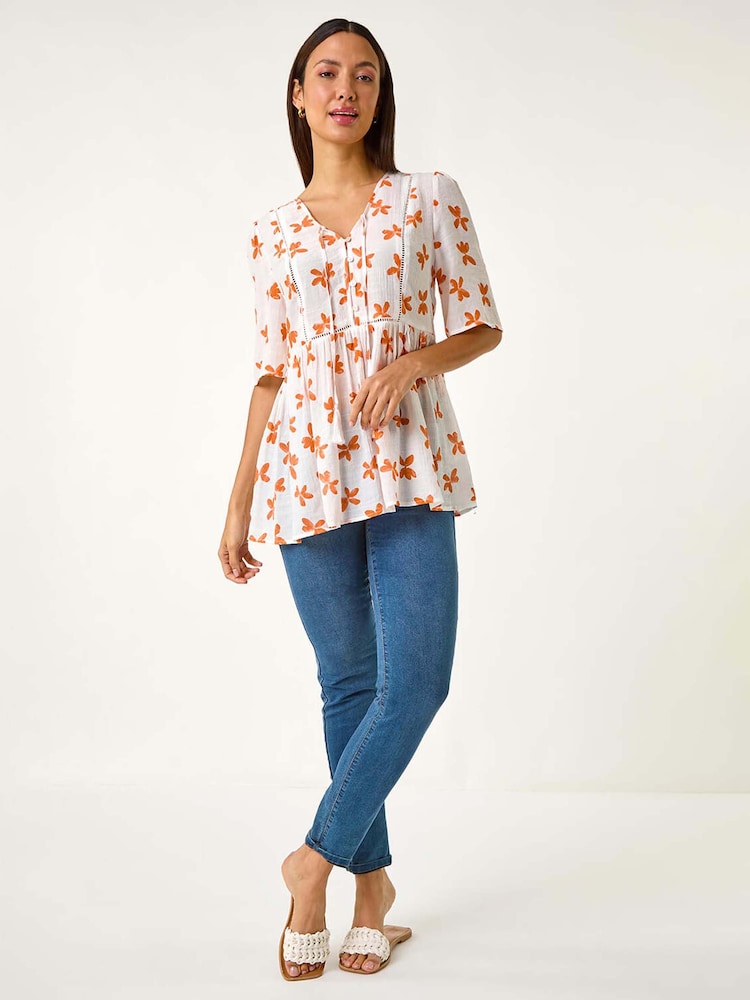 Roman Orange Floral Print Boho Smock Top - Image 1 of 5 Roman Orange Floral Print Boho Smock Top - Image 1 of 5
