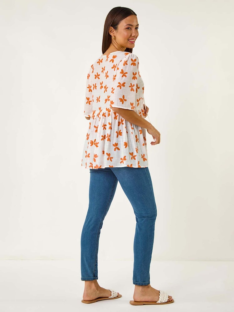 Roman Orange Floral Print Boho Smock Top - Image 2 of 5 Roman Orange Floral Print Boho Smock Top - Image 2 of 5