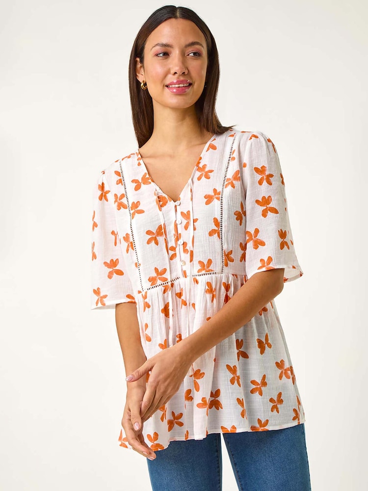 Roman Orange Floral Print Boho Smock Top - Image 3 of 5