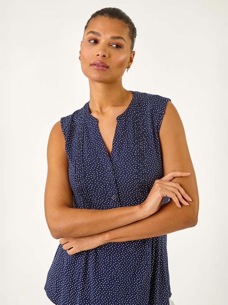 Roman Blue Polka Dot Print Pintuck Vest - Image 1 of 5