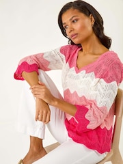 Roman Pink Colour Block Crochet Knit Scalloped Jumper - Image 1 of 5