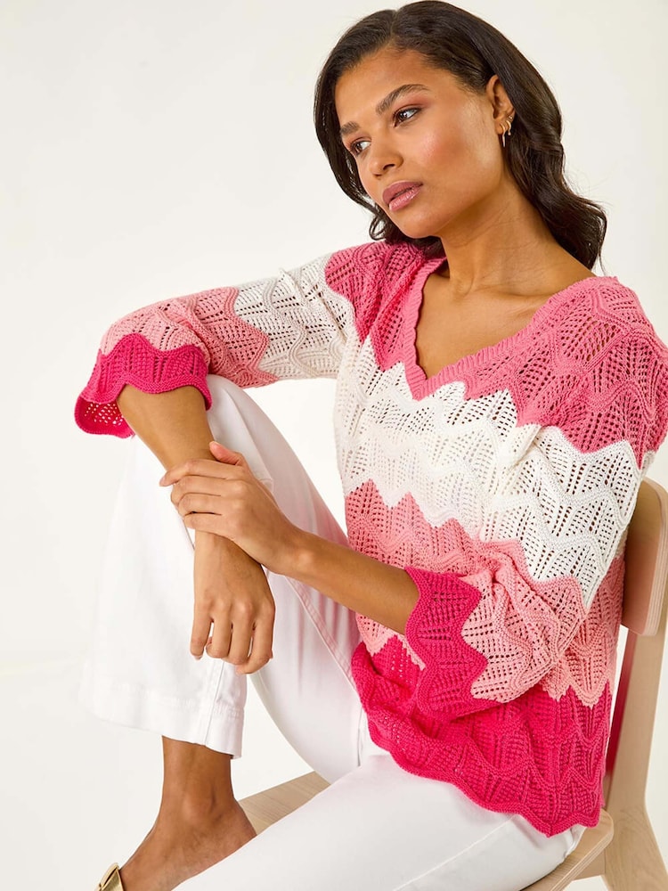 Roman Pink Colour Block Crochet Knit Scalloped Jumper - Image 1 of 5