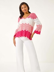 Roman Pink Colour Block Crochet Knit Scalloped Jumper - Image 2 of 5
