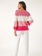 Roman Pink Colour Block Crochet Knit Scalloped Jumper - Image 3 of 5