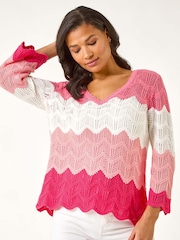 Roman Pink Colour Block Crochet Knit Scalloped Jumper - Image 4 of 5