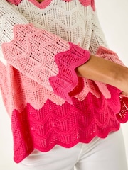 Roman Pink Colour Block Crochet Knit Scalloped Jumper - Image 5 of 5
