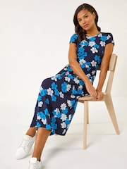 Roman Blue Floral Print Pocket Midi Dress - Image 1 of 5