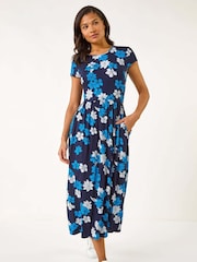 Roman Blue Floral Print Pocket Midi Dress - Image 2 of 5