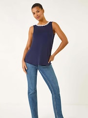 Roman Black Daisy Neck Trim Vest Top - Image 2 of 5