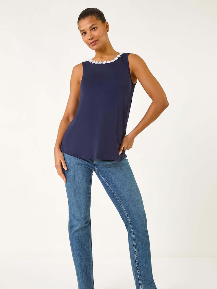 Roman Black Daisy Neck Trim Vest Top - Image 2 of 5