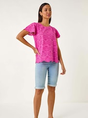Roman Pink Broderie Short Sleeve 100% Cotton Top - Image 2 of 5