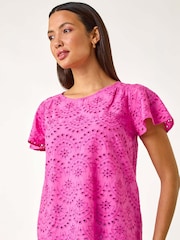 Roman Pink Broderie Short Sleeve 100% Cotton Top - Image 4 of 5