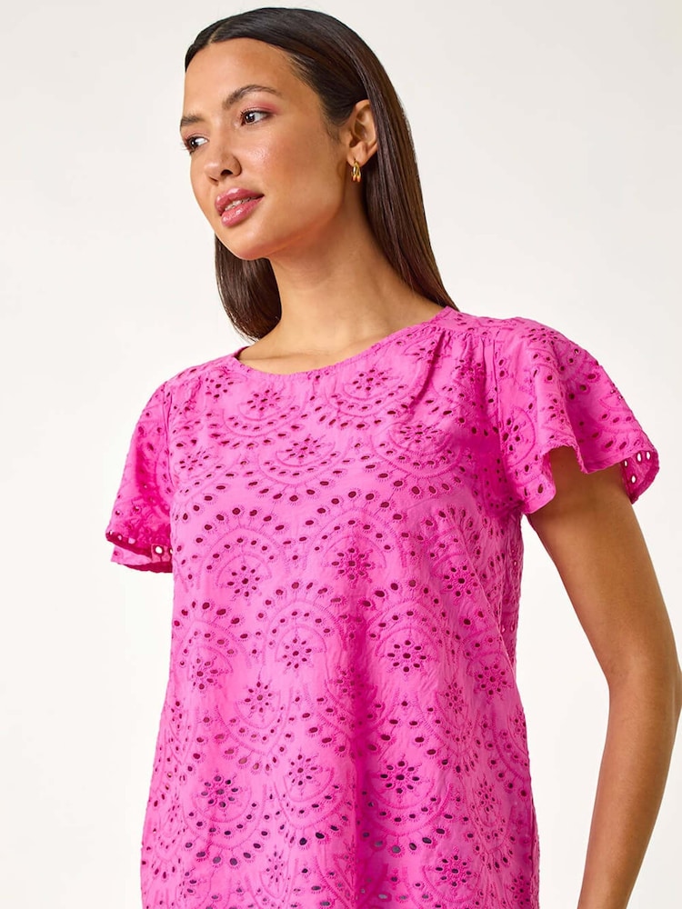 Roman Pink Broderie Short Sleeve 100% Cotton Top - Image 4 of 5