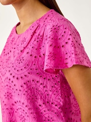 Roman Pink Broderie Short Sleeve 100% Cotton Top - Image 5 of 5