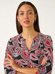 Roman Red Textured Leaf Print V-Neck Stretch Blouses - Image 1 of 5