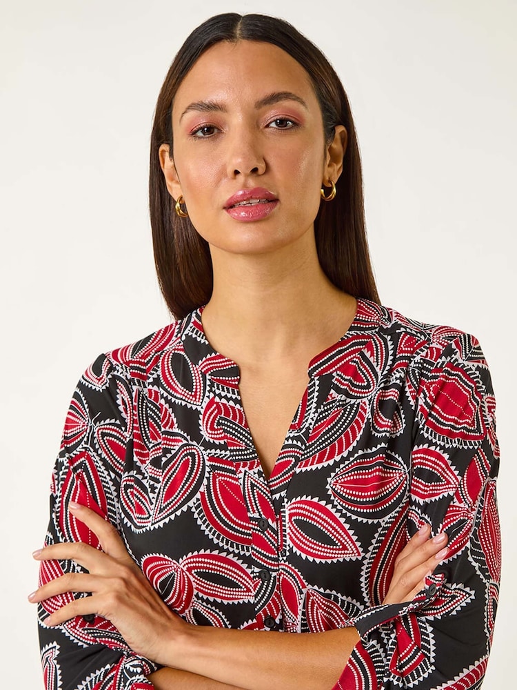 Roman Red Textured Leaf Print V-Neck Stretch Blouses - Image 1 of 5