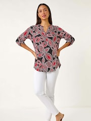 Roman Red Textured Leaf Print V-Neck Stretch Blouses - Image 2 of 5