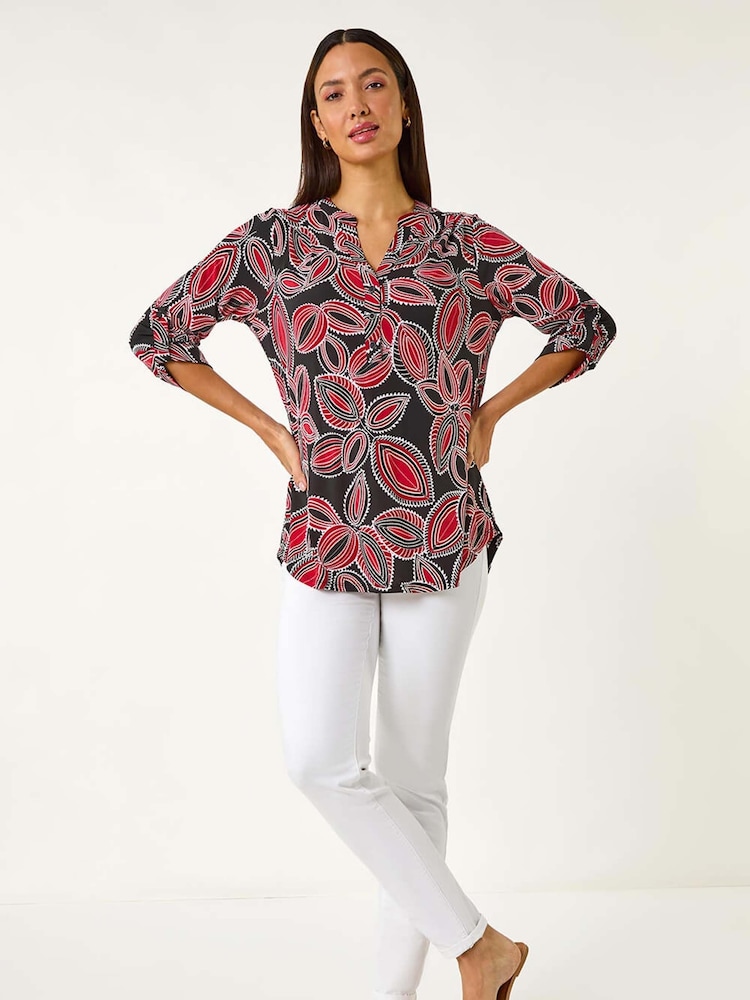 Roman Red Textured Leaf Print V-Neck Stretch Blouses - Image 2 of 5