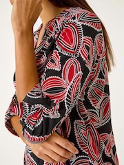 Roman Red Textured Leaf Print V-Neck Stretch Blouses - Image 5 of 5