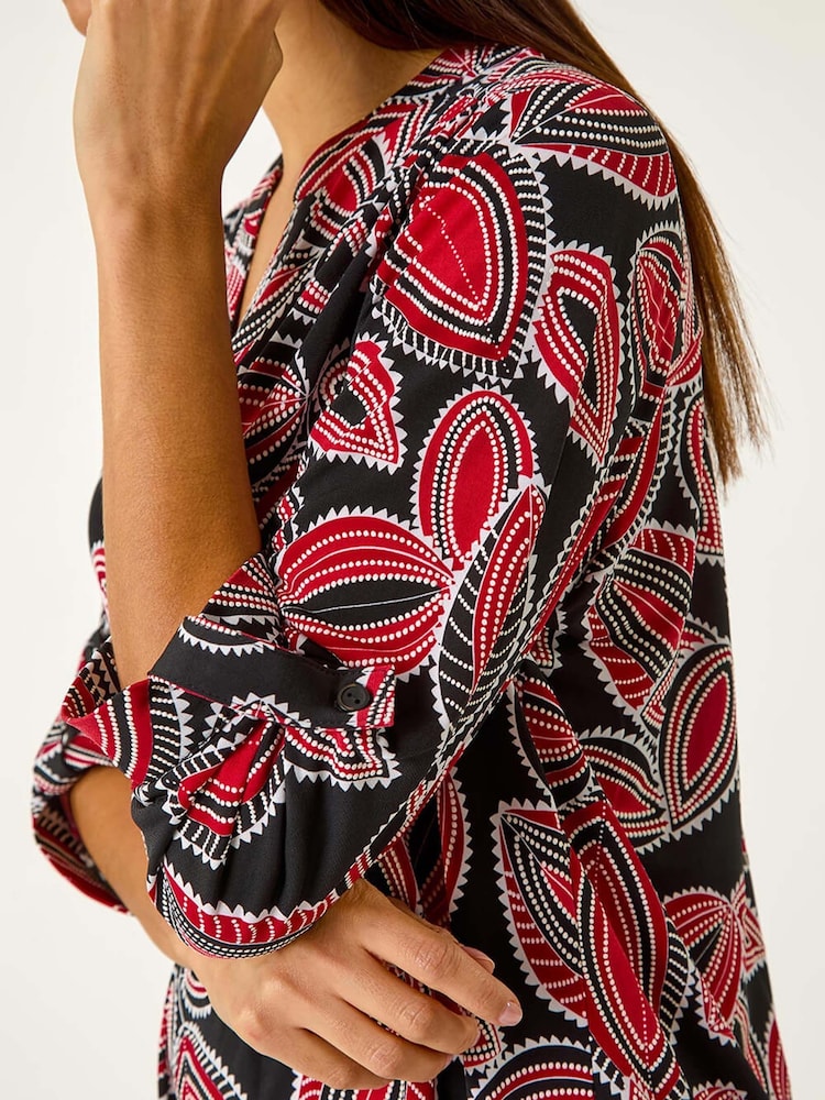 Roman Red Textured Leaf Print V-Neck Stretch Blouses - Image 5 of 5