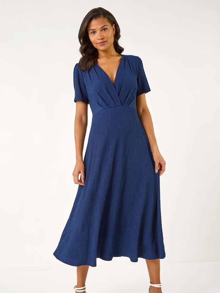 Roman Blue Textured Wrap Bodice Midi Dress - Image 2 of 5
