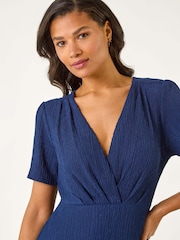 Roman Blue Textured Wrap Bodice Midi Dress - Image 4 of 5