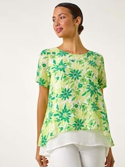 Roman Green Floral Layered Tunic Top - Image 4 of 5