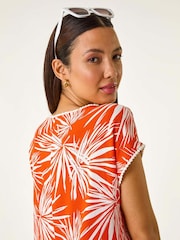 Roman Orange Leaf Print Bobble Trim Top - Image 2 of 5