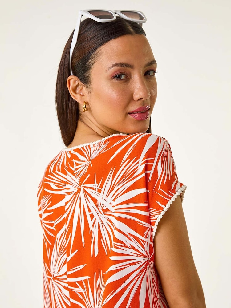 Roman Orange Leaf Print Bobble Trim Top - Image 2 of 5