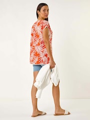 Roman Orange Leaf Print Bobble Trim Top - Image 3 of 5