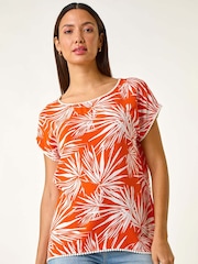 Roman Orange Leaf Print Bobble Trim Top - Image 4 of 5