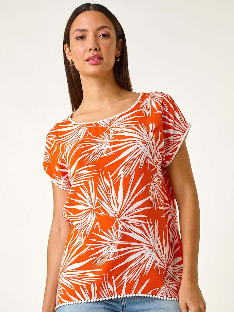 Roman Orange Leaf Print Bobble Trim Top - Image 4 of 5
