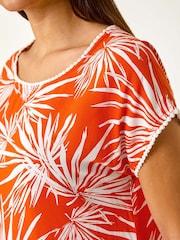 Roman Orange Leaf Print Bobble Trim Top - Image 5 of 5