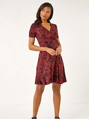 Roman Red Floral Print Wrap Frill Stretch Dress - Image 2 of 5