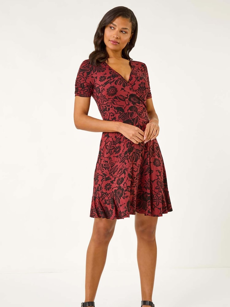 Roman Red Floral Print Wrap Frill Stretch Dress - Image 2 of 5